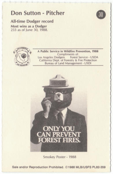 1988 Smokey The Bear Los Angeles Dodgers Baseball #30 Don Sutton