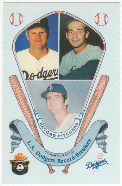 1988 Smokey The Bear Los Angeles Dodgers Record-Breakers Baseball #6 Koufax Reuss Singer