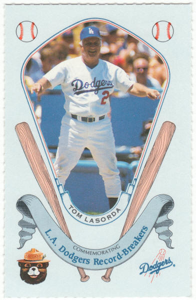 1988 Smokey The Bear Los Angeles Dodgers Record Breakers Baseball #23 Tom Lasorda