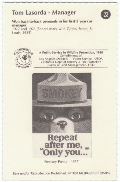 1988 Smokey The Bear Los Angeles Dodgers Record Breakers Baseball #23 Tom Lasorda