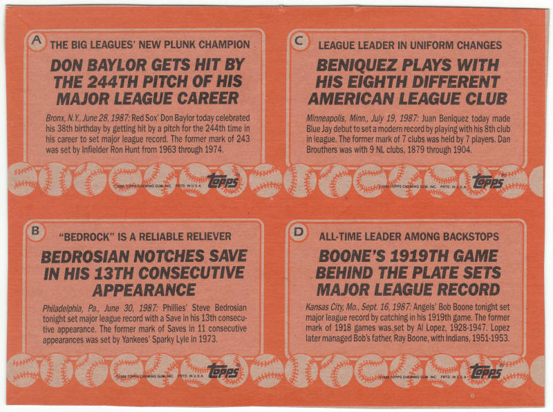 1988 Topps Baseball Card Box Panel A - D back