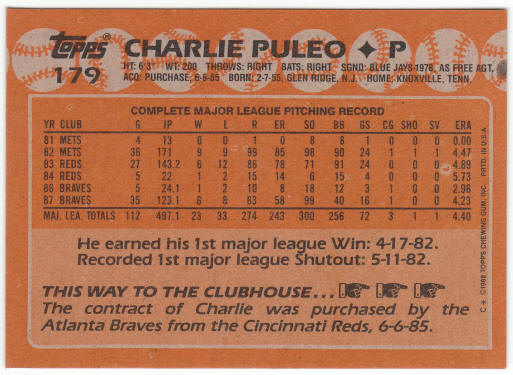 1988 Topps Baseball #179 Charlie Puleo