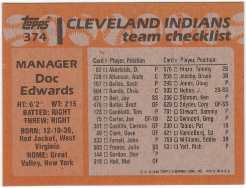 1988 Topps Baseball #374 Doc Edwards MG Variation