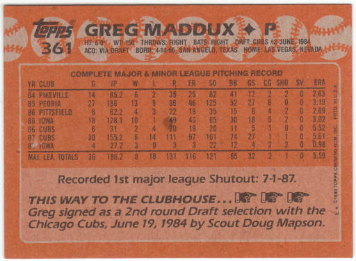 1988 Topps Baseball #361 Greg Maddux