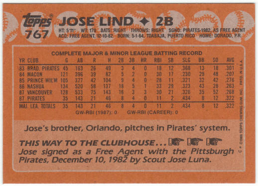 1988 Topps Baseball #767 Jose Lind Rookie Card Yellow Error