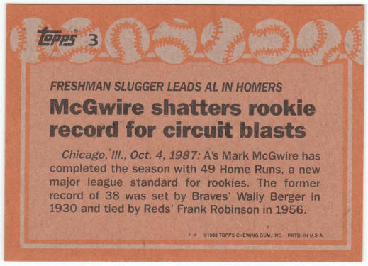 1988 Topps Baseball #3B Mark McGwire Corrected