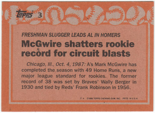 1988 Topps Baseball #3A Mark McGwire Error Card