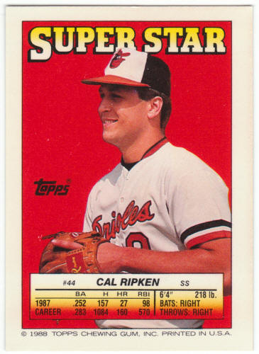 1988 Topps Superstar Card #44 Cal Ripken Jr