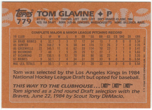 1988 Topps Baseball #779 Tom Glavine Rookie Card