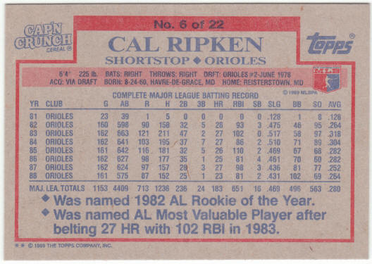 1989 Capn Crunch Topps Baseball #6 Cal Ripken Jr