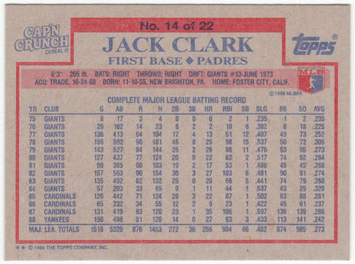 1989 Cap'n Crunch Topps Baseball Card #14 Jack Clark