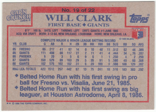 1989 Cap'n Crunch Topps Baseball #19 Will Clark