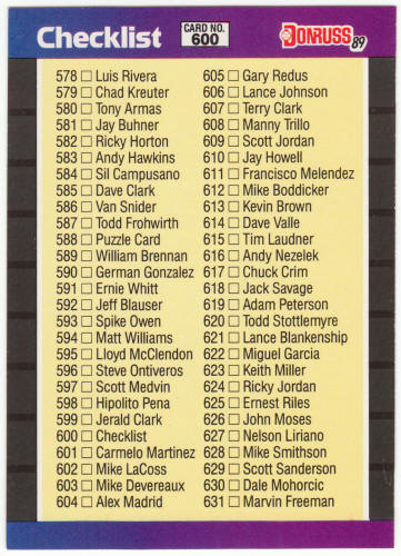 1989 Donruss Baseball #600B Checklist Correct