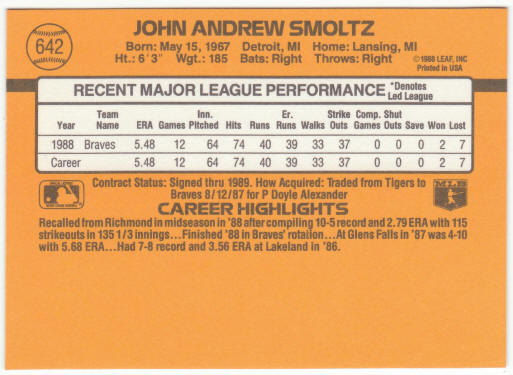 1989 Donruss Baseball #642 John Smoltz Rookie Card