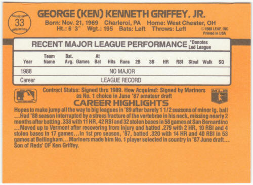 1989 Donruss Baseball #33 Ken Griffey Jr. Rookie Card