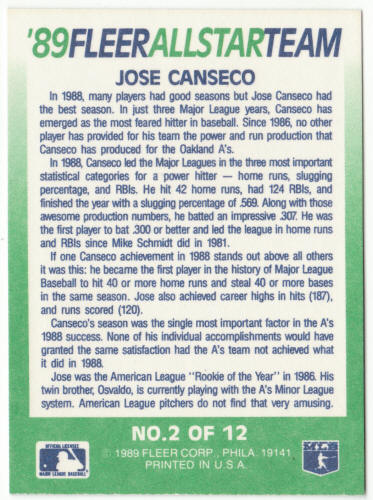1989 Fleer All-Stars #2 Jose Canseco