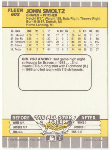 1989 Fleer Baseball #602 John Smoltz Rookie Card