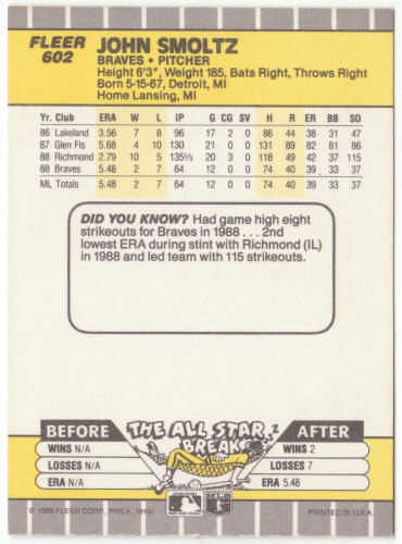 1989 Fleer Baseball #602 John Smoltz Rookie Card