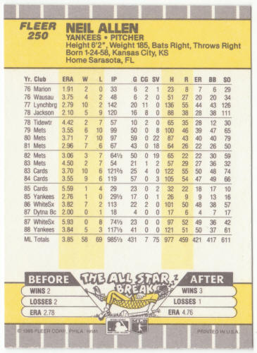 1989 Fleer Baseball #250A Neil Allen Error