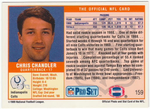 1989 Pro Set Football #159 Chris Chandler Rookie Card