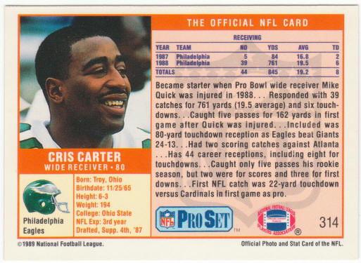 1989 Pro Set Football #314 Cris Carter Rookie Card