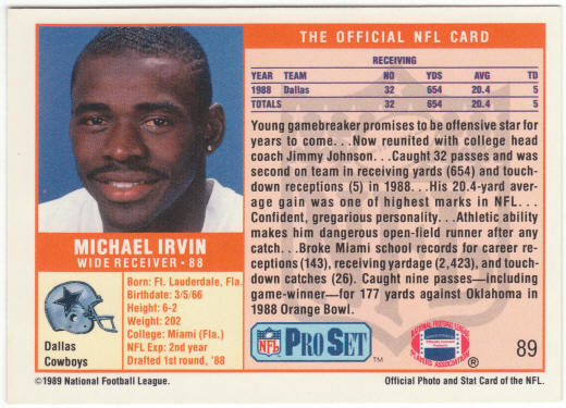 1989 Pro Set Football #89 Michael Irvin Rookie Card
