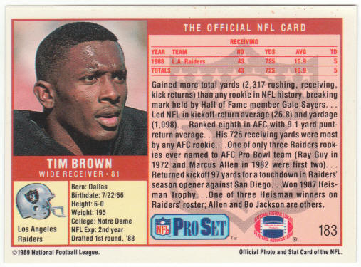 1989 Pro Set Football #183 Tim Brown Rookie Card
