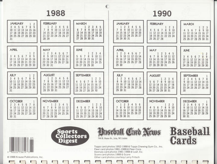 1989 Krause Baseball Rookie Card Calendar