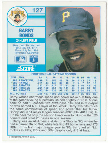 1989 Score Baseball #127 Barry Bonds