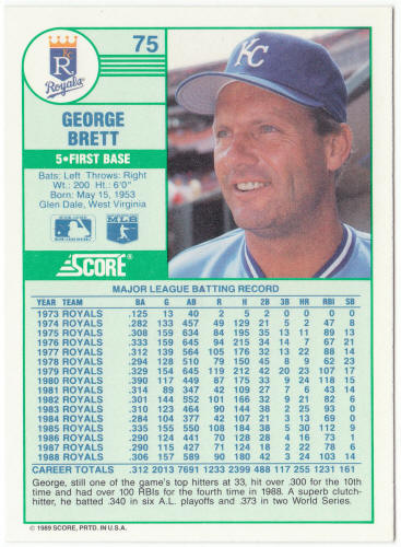 1989 Score Baseball #75A George Brett ERR