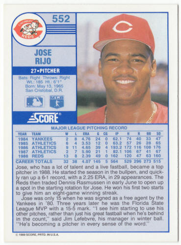 1989 Score Baseball #552B Jose Rijo Corrected Card