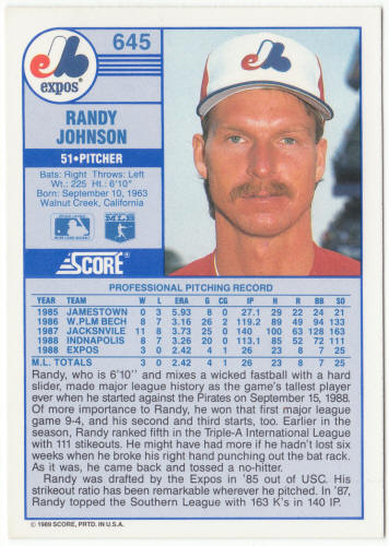 1989 Score #645 Randy Johnson Rookie Card