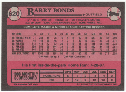 1989 Topps Baseball #620 Barry Bonds