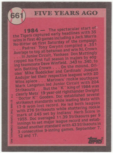 1989 Topps Baseball #661 Dwight Gooden TBC Corect