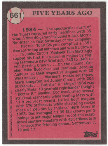 1989 Topps Baseball #661 Dwight Gooden TBC Error