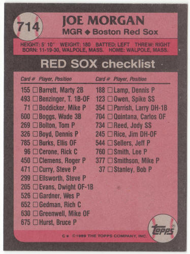 1989 Topps Baseball #714A Joe Morgan MG ERR