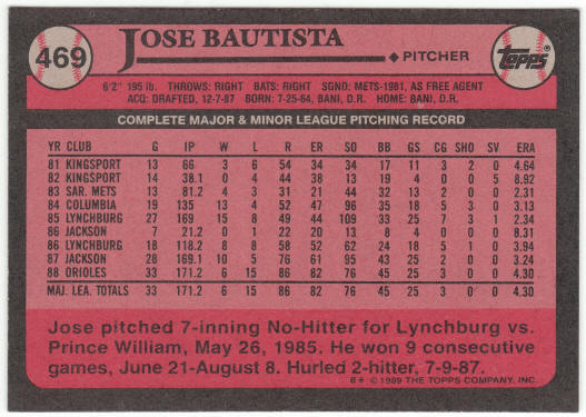 1989 Topps #469 Jose Bautista Error Rookie Card