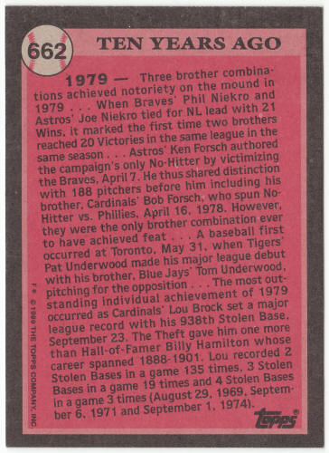 1989 Topps Baseball #662 Lou Brock Error Card