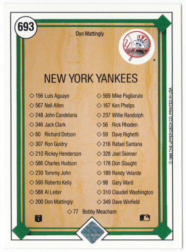 1989 Upper Deck Baseball #693 Don Mattingly Team Checklist