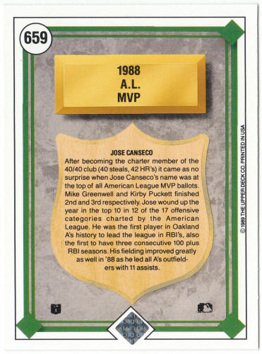 1989 Upper Deck #659B Jose Canseco AL MVP Blue Eagle