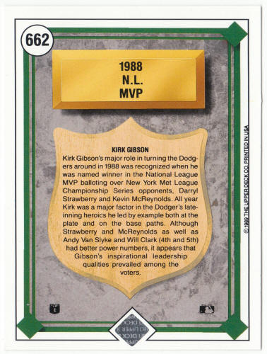 1989 Upper Deck Baseball #662 Kirk Gibson NL MVP