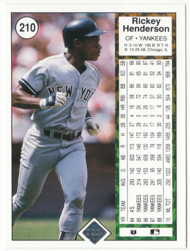1989 Upper Deck Baseball #210 Rickey Henderson UER