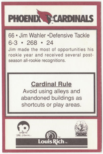 1990 Louis Rich (Police) Phoenix Cardinals Jim Wahler Pre-Rookie Card