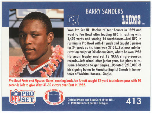 1990 Pro Set Football #413 Barry Sanders Pro Bowl