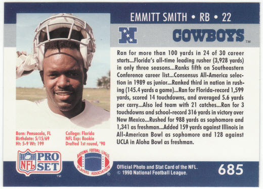 1990 Pro Set #685 Emmitt Smith Rookie Card