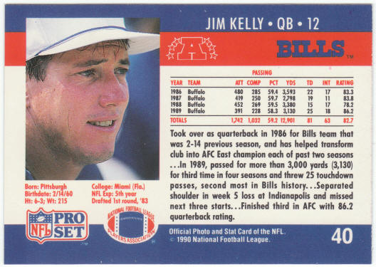 1990 Pro Set Football #40 Jim Kelly
