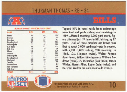 1990 Pro Set Football #10 Thurman Thomas Yardage Leader