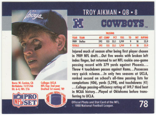 1990 Pro Set Football #78 Troy Aikman