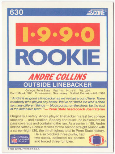 1990 Score Football #630 Andre Collins Rookie Card