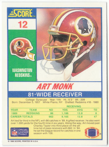 1990 Score Football #12 Art Monk